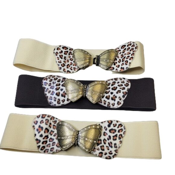 BUTTERFLY Belt Cream Animal Print Elastic Band Antique Gold Tone Buckle - Picture 3 of 14